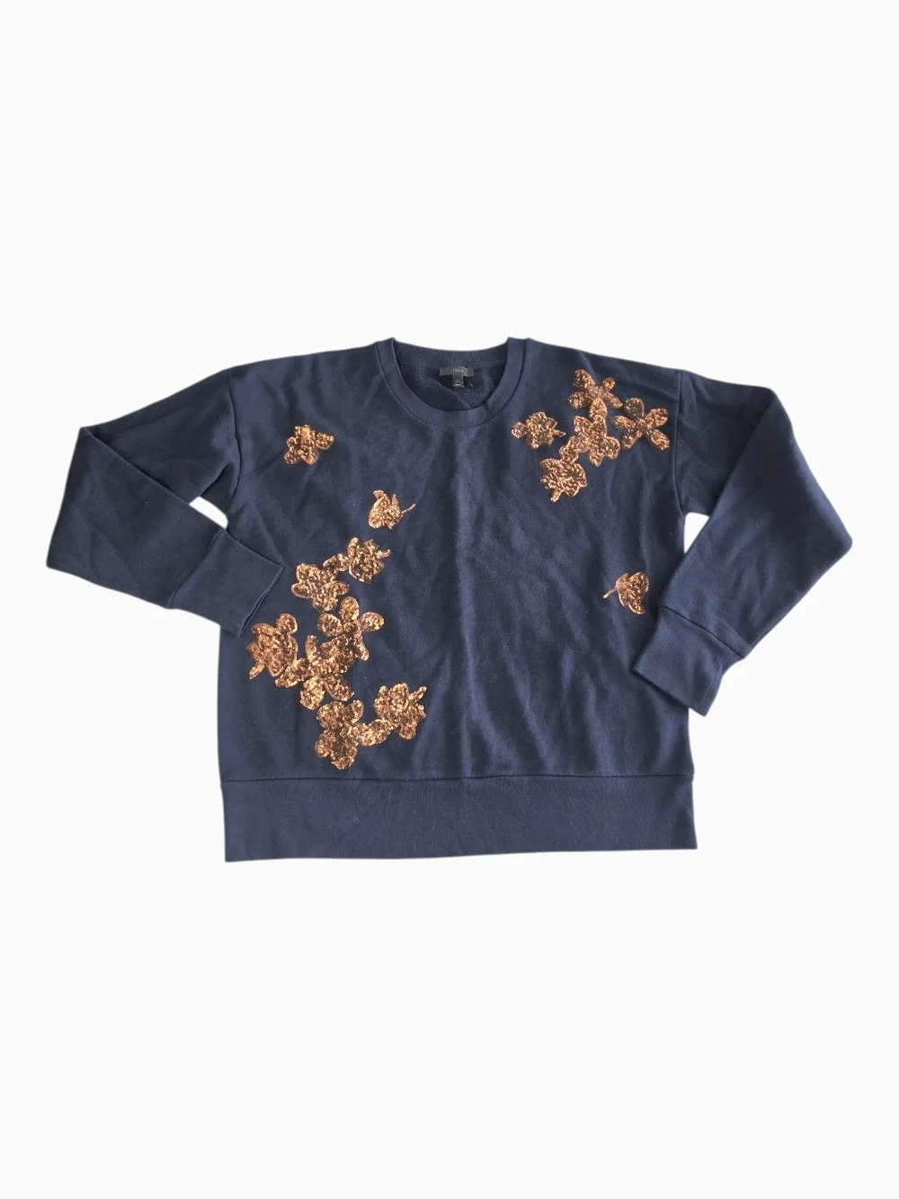 J.CREW | Navy Blue Metallic Copper Sequin Floral Boxy Cotton Sweatshirt | L